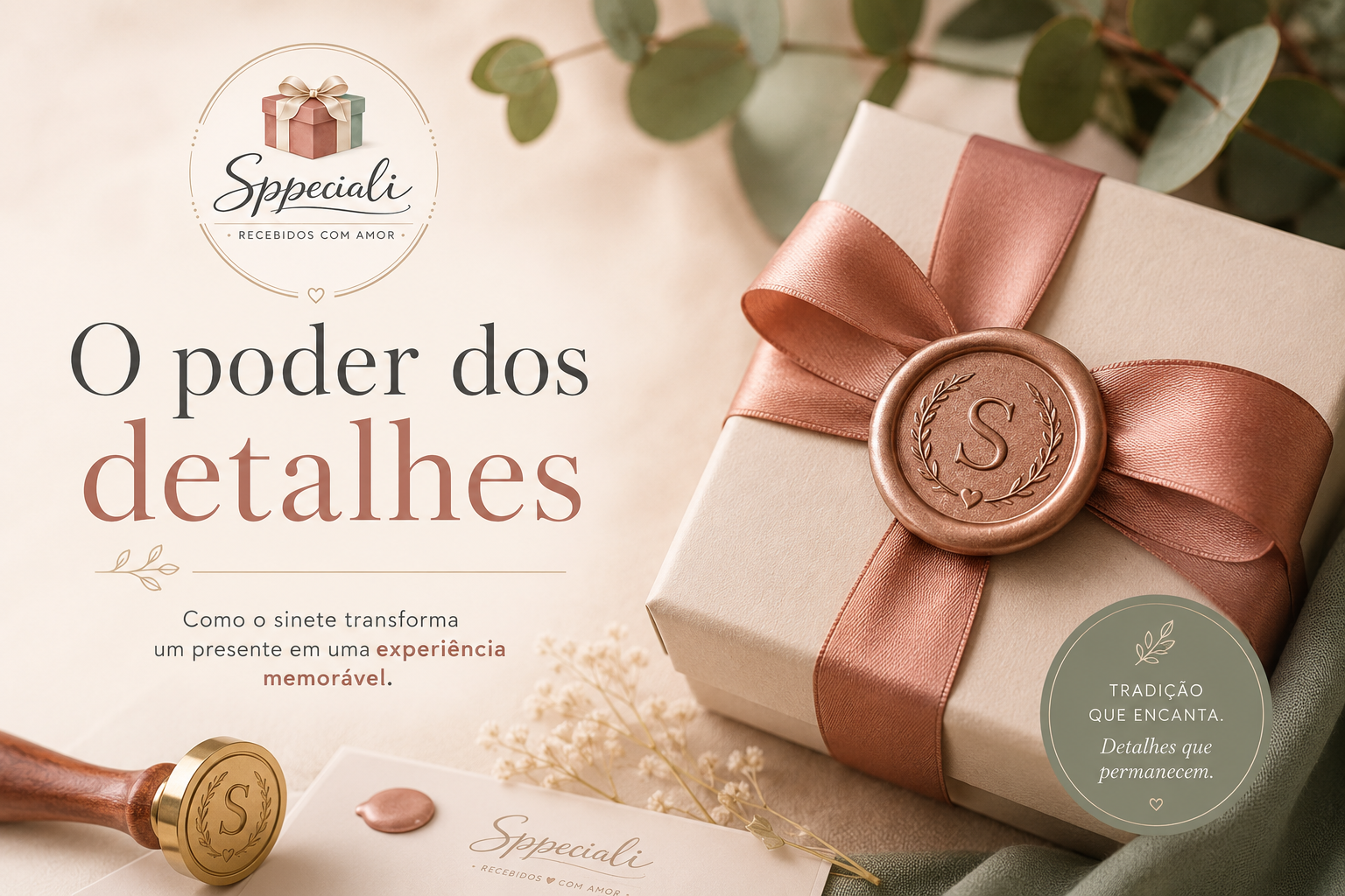 Sinete de cera em caixa de presente premium da Sppeciali, destacando o acabamento sofisticado de uma embalagem elegante para presentes personalizados.